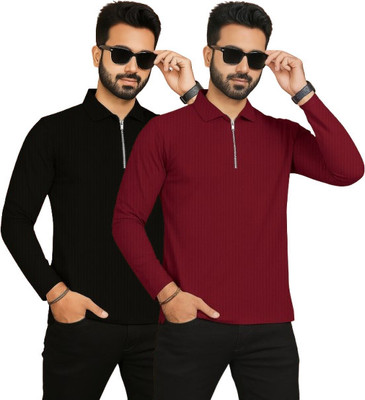 HELMONT Solid Men Polo Neck Black, Maroon T-Shirt