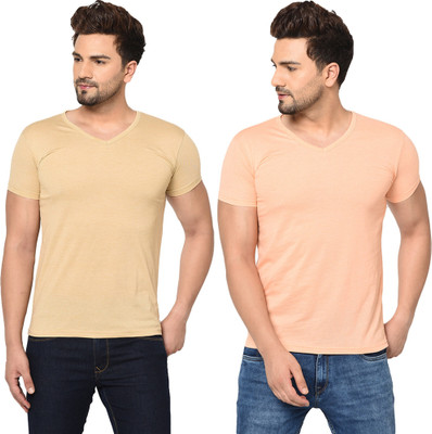 Tresna Trendy Solid Men V Neck Beige T-Shirt