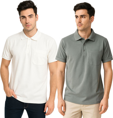 BLACK COOL Solid Men Polo Neck White, Grey T-Shirt