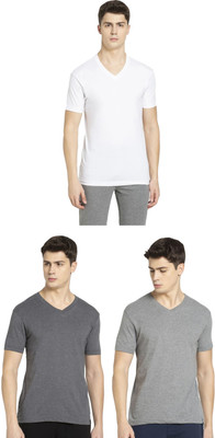 JOCKEY Solid Men V Neck Grey, White T-Shirt