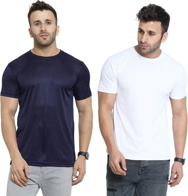 Think Tech Solid Men Round Neck Dark Blue, White T-Shirt