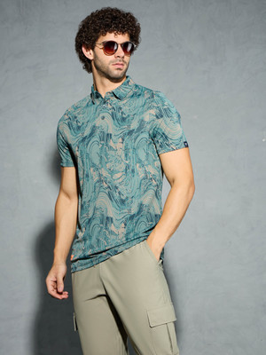 TECHNOSPORT Printed Men Polo Neck Green T-Shirt