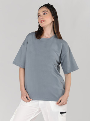 Roadster Solid Women Round Neck Grey T-Shirt