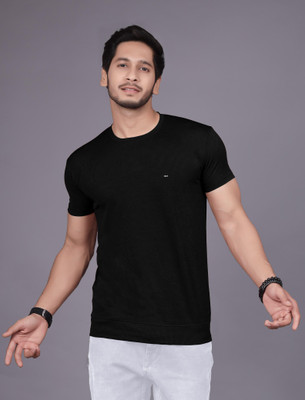 Fashion drape Self Design Men Round Neck Black T-Shirt