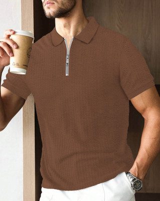 ENITOR Self Design Men Polo Neck Brown T-Shirt