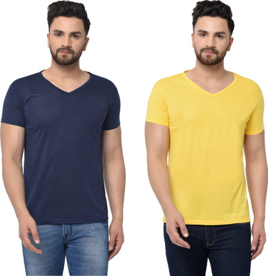 Tresna Trending Solid Men V Neck Dark Blue, Yellow T-Shirt