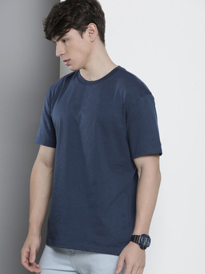 RULEDBYSUN Solid Men Round Neck Navy Blue T-Shirt
