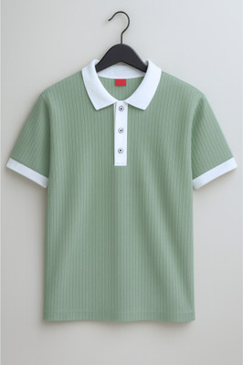 Try This Striped Men Polo Neck Dark Green, White T-Shirt