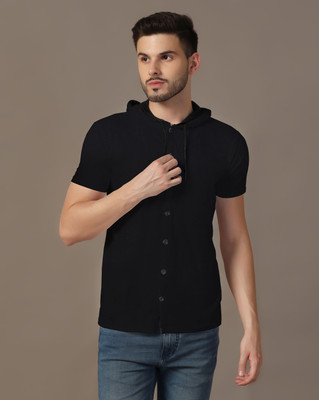 GEUM Solid Men Hooded Neck Black T-Shirt