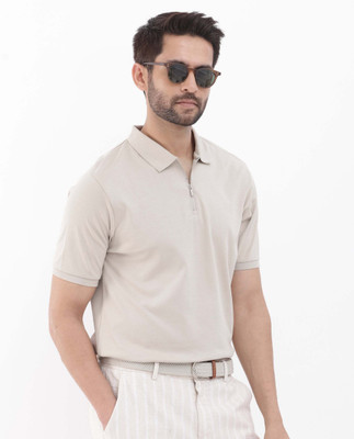 RARE RABBIT Solid Men Polo Neck Beige T-Shirt