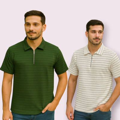 METRONAUT Striped Men Polo Neck Dark Green, White T-Shirt