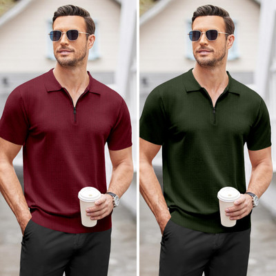 NTIFIC Solid Men Polo Neck Maroon, Dark Green T-Shirt