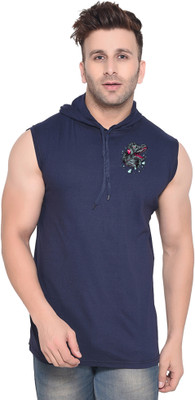 BEYOU FASHION Solid, Printed Men Hooded Neck Dark Blue T-Shirt