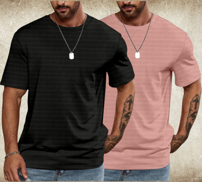 PRAIZY Striped Men Round Neck Black, Pink T-Shirt