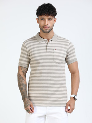 Cool Colors Striped Men Polo Neck Beige T-Shirt