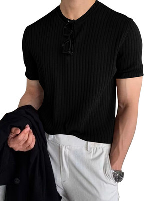 EyeBogler Self Design Men Round Neck Black T-Shirt