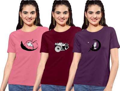 ZentWorld Graphic Print Women Round Neck Pink, Maroon, Black T-Shirt