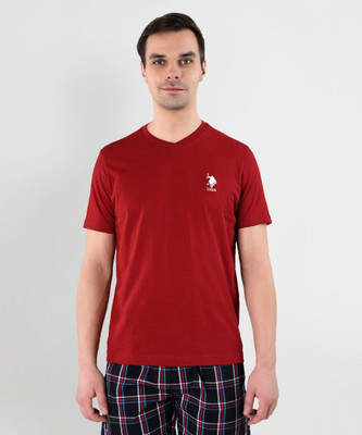 U.S. POLO ASSN. Solid Men V Neck Red T-Shirt
