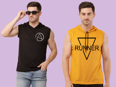Mundali Printed Men Hooded Neck Black, Yellow T-Shirt