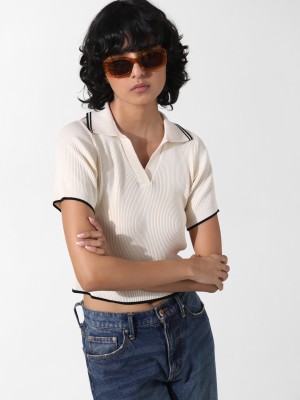 ONLY Solid Women Polo Neck Beige T-Shirt