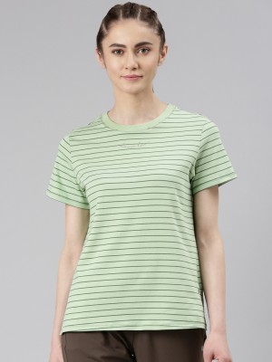 Enamor Striped Women Crew Neck Green T-Shirt