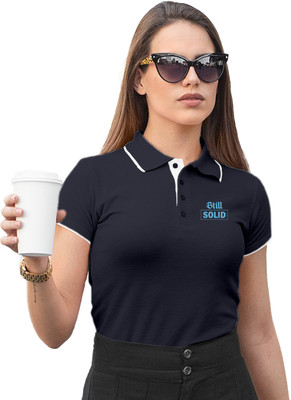 Fighterhero Printed Women Polo Neck Navy Blue T-Shirt