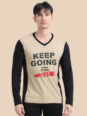 Fleximaa Printed Men V Neck Beige, Black T-Shirt