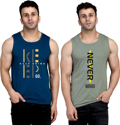 SLOWLORIS Printed Men Round Neck Dark Blue, Light Green T-Shirt