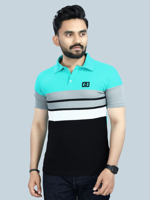 m2w Striped Men Polo Neck Green T-Shirt