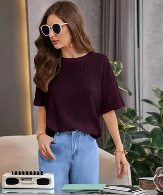 VDTREND Solid Women Round Neck Maroon T-Shirt