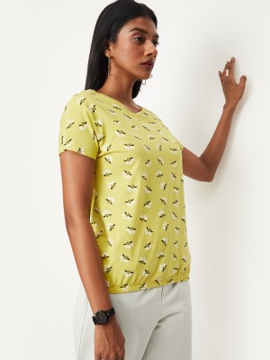 MAX Floral Print Women Round Neck Yellow T-Shirt