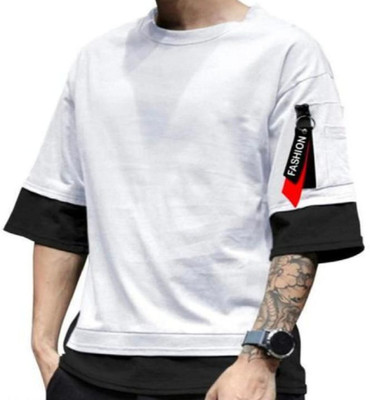 SAHAL Colorblock Men Round Neck White T-Shirt