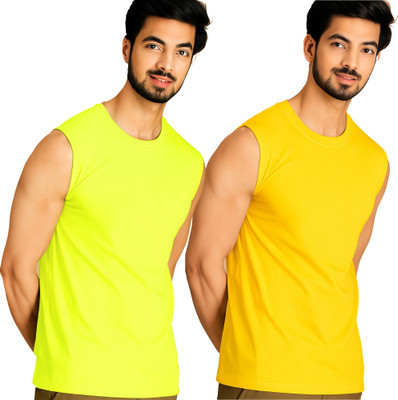 Adorbs Solid Men Round Neck Green, Yellow T-Shirt
