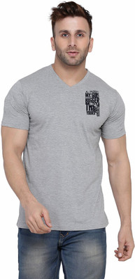 tfurnish Printed Men V Neck Silver T-Shirt