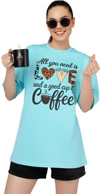 PUBCLUB Printed Women Round Neck Light Blue T-Shirt