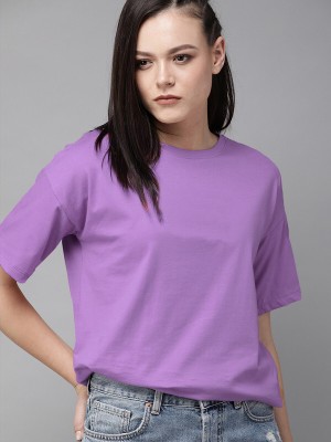 LazyChunks Solid Women Round Neck Purple T-Shirt