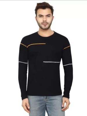 Vuzzan Striped Men Round Neck Black T-Shirt