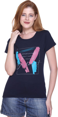 Keshavi Printed Women Round Neck Navy Blue T-Shirt
