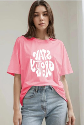 Pwexz Self Design Women Round Neck Pink T-Shirt
