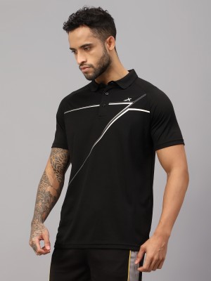 VECTOR X Printed Men Polo Neck Black T-Shirt