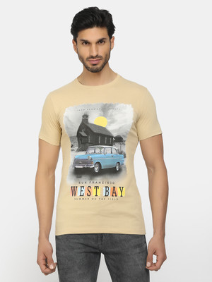 V-MART Printed, Typography Men Round Neck Beige T-Shirt