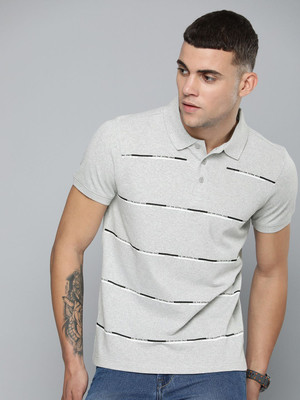 R.Code by The Roadster Life Co. Striped Men Polo Neck Grey T-Shirt