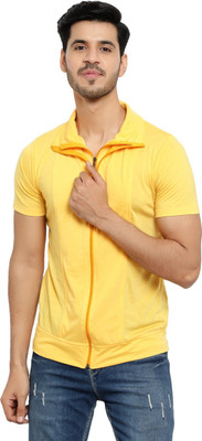 Moordale Fab Solid Men Zip Neck Yellow T-Shirt