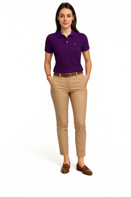 DAUACE Solid Women Polo Neck Purple T-Shirt