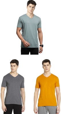 JOCKEY Solid Men V Neck Green, Grey, Yellow T-Shirt