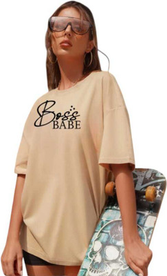 HouseOfCommon Printed Women Round Neck Beige T-Shirt