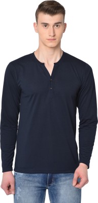 GLITO Solid Men Henley Neck Dark Blue T-Shirt