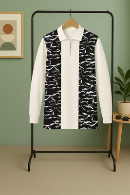 NB NICKY BOY Printed Men Zip Neck White, Black T-Shirt