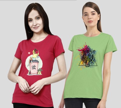 METRONAUT Printed Women Round Neck Red, Green T-Shirt