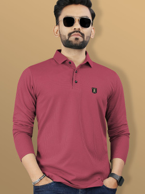 VeBNoR Self Design Men Polo Neck Pink T-Shirt